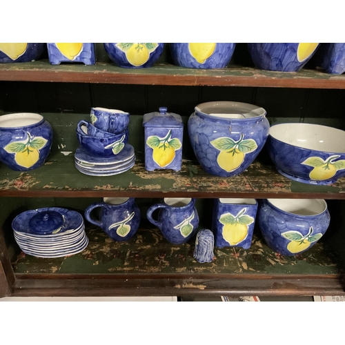 626 - QTY OF BLUE POTTERY WITH FRUIT DESIGN TO INC BOWLS STORAGE JARS TEA POTS WATER JUGS ETC (CHINA ONLY)