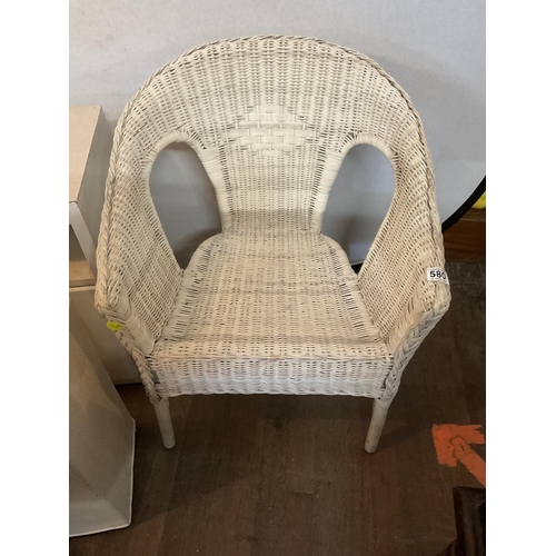 580 - WHITE PAINTED CABINET LINEN BOX AND WICKER CHAIR