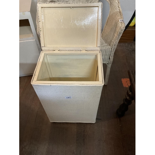 580 - WHITE PAINTED CABINET LINEN BOX AND WICKER CHAIR