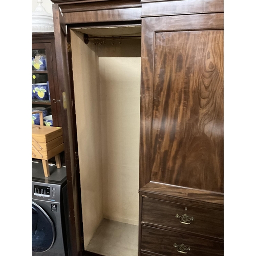 632 - GEORGIAN BREAK FRONT MAHOGANY COMPACTOM WARDROBE. 2 CUPBOARD DOORS OVER 4 DRAWERS FLANKED BY 2 HANGI... 