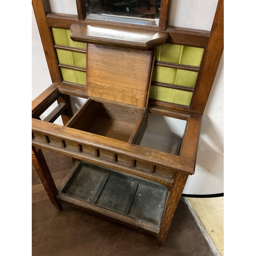 652 - EDWARDIAN  OAK TILED BACK HALL STAND COMPLETE WITH DRIP TRAY
28 X 13