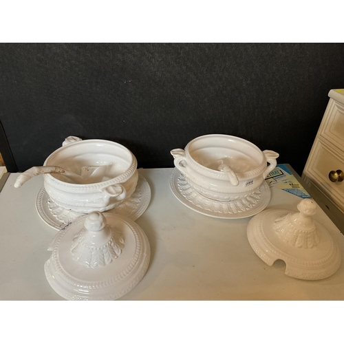 664 - 2 WHITE CHINA SOUP TUREENS WITH SOUP LADELS