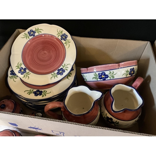 690 - 2 BOXES OF PINK GLAZED POTTERY WITH FLORAL PATTERN TO INCLUDE DINING PLATES WATER JUGS VASES ETC