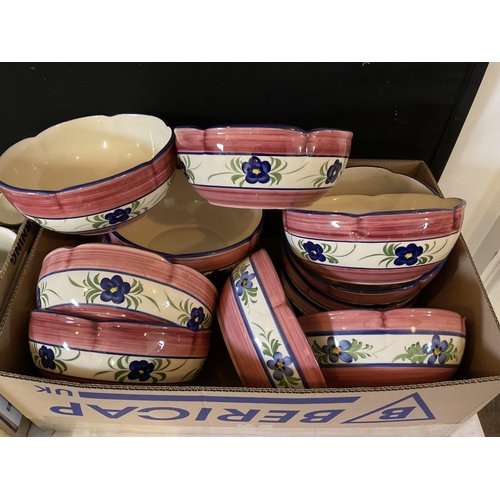 693 - 2 BOXES OF PINK PATTERN POTTERY TO INCLUDE MUGS, CUPS, LARGE BOWLS ETC