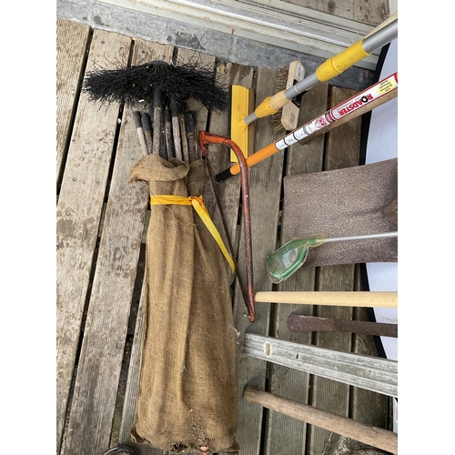 36 - QTY OF TOOLS TO INCLUDE SAW AND CHIMNEY SWEEP BRUSHES ETC