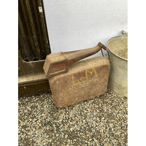 14 - 2 GALVANISED BUCKETS  VINTAGE HEATER AND PETROL CAN