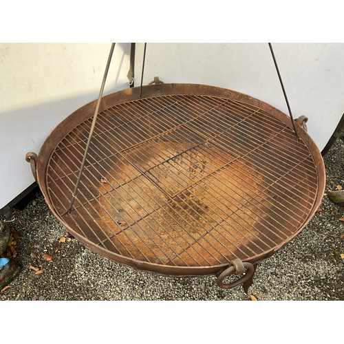 54 - OVER SIZED CAST IRON GARDEN FIRE PIT ON STAND WITH COOKING POT ON TRIPOD COMPLETE WITH METAL COOKING... 