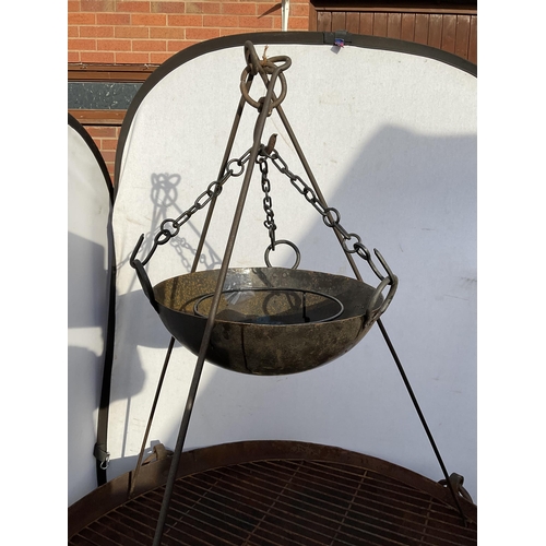 54 - OVER SIZED CAST IRON GARDEN FIRE PIT ON STAND WITH COOKING POT ON TRIPOD COMPLETE WITH METAL COOKING... 