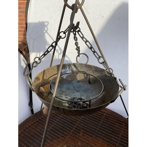 54 - OVER SIZED CAST IRON GARDEN FIRE PIT ON STAND WITH COOKING POT ON TRIPOD COMPLETE WITH METAL COOKING... 