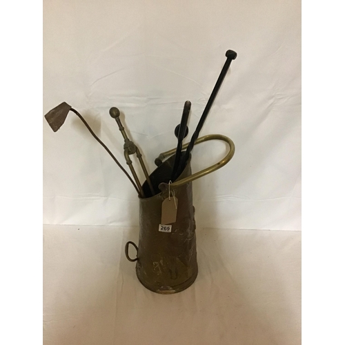 269 - BRASS COAL HOD AND FIRE IRONS