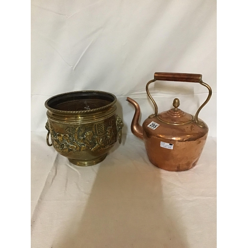 295 - COPPER KETTLE AND BRASS JARDINERE