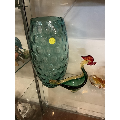 323 - QTY OF COLOURED GLASS VASES BELL AND BIRDS