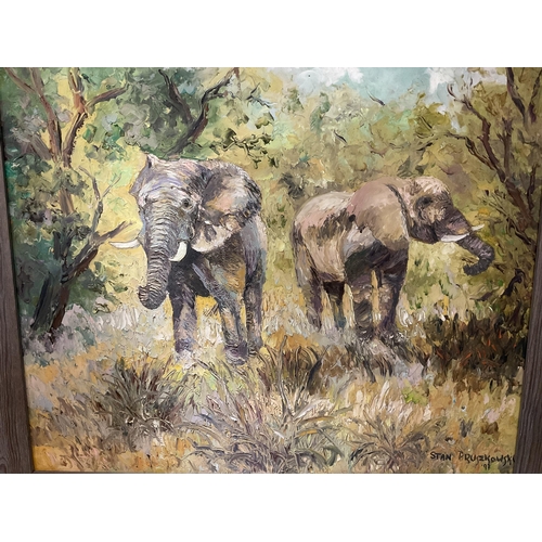 364 - OILS ON BOARD FRAMED ELEPHANT PICTURE SIGNED STAN PRUZKOWSKI 97
34 X 29