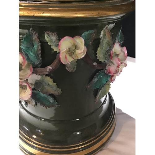 369 - VICT GLAZED POTTERY URN ON STAND WITH COVER AND PLINTH DECORATED WITH FLOWERS A/F