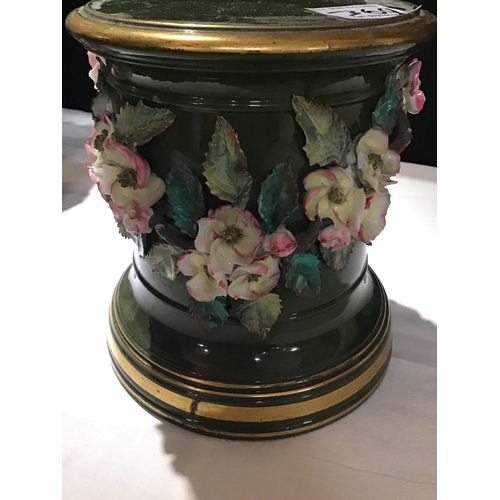 369 - VICT GLAZED POTTERY URN ON STAND WITH COVER AND PLINTH DECORATED WITH FLOWERS A/F