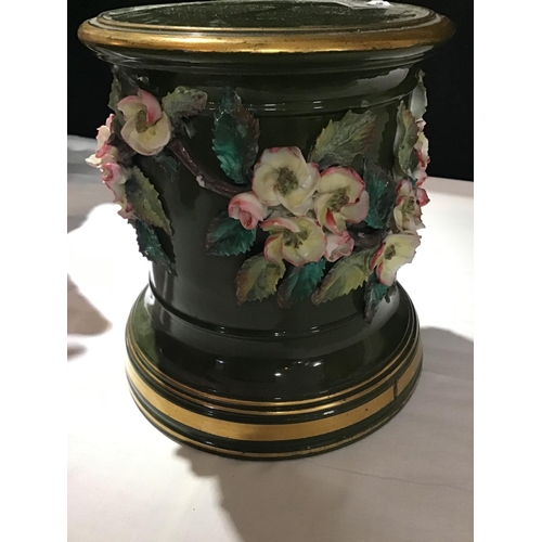 369 - VICT GLAZED POTTERY URN ON STAND WITH COVER AND PLINTH DECORATED WITH FLOWERS A/F