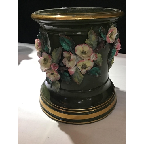 369 - VICT GLAZED POTTERY URN ON STAND WITH COVER AND PLINTH DECORATED WITH FLOWERS A/F