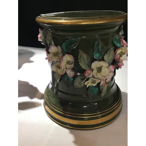 369 - VICT GLAZED POTTERY URN ON STAND WITH COVER AND PLINTH DECORATED WITH FLOWERS A/F