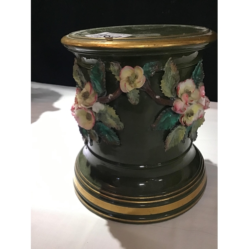 369 - VICT GLAZED POTTERY URN ON STAND WITH COVER AND PLINTH DECORATED WITH FLOWERS A/F