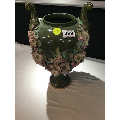 369 - VICT GLAZED POTTERY URN ON STAND WITH COVER AND PLINTH DECORATED WITH FLOWERS A/F