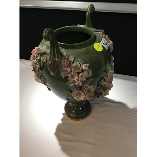 369 - VICT GLAZED POTTERY URN ON STAND WITH COVER AND PLINTH DECORATED WITH FLOWERS A/F