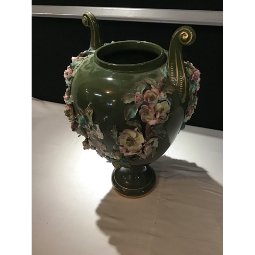 369 - VICT GLAZED POTTERY URN ON STAND WITH COVER AND PLINTH DECORATED WITH FLOWERS A/F