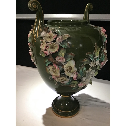 369 - VICT GLAZED POTTERY URN ON STAND WITH COVER AND PLINTH DECORATED WITH FLOWERS A/F