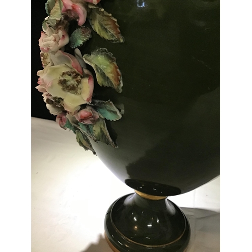 369 - VICT GLAZED POTTERY URN ON STAND WITH COVER AND PLINTH DECORATED WITH FLOWERS A/F