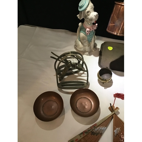 378 - QTY OF COPPER AND BRASS ITEMS AND A MUSICAL DOG DECANTER TO INCLUDE COPPER MEASURES