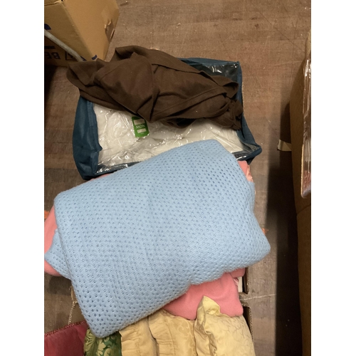 479 - 6 BOXES OF BLANKETS BEDDING SCATTER CUSIONS ETC