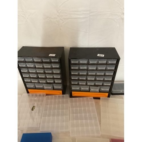 451 - BOX OF ORGANISERS AND 2 METAL SCREW CHESTS