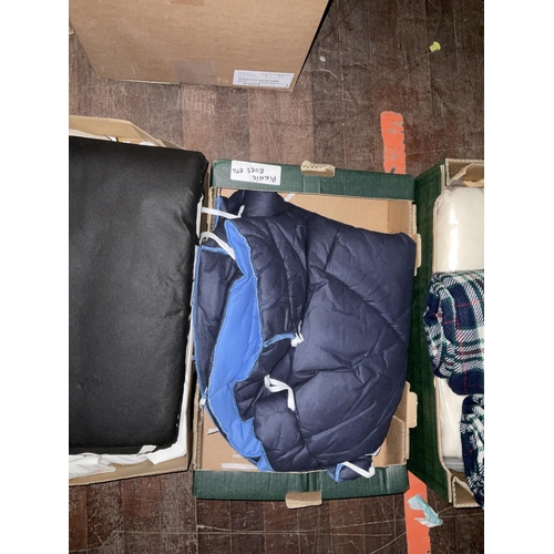 464 - 3 BOXES OF BLANKETS TABLE CLOTHS ETC