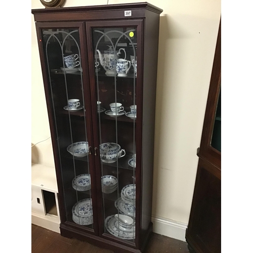 397 - MODERN MAHOGANY EFFECT 2 DOOR TALL DISPLAY CABINET (china not included)
W 30