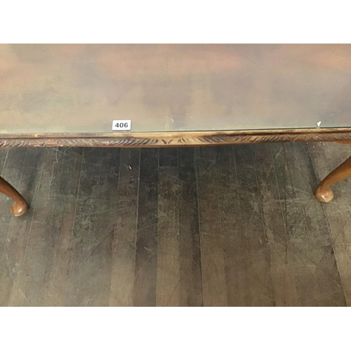 406 - REPRO COFFEE TABLE ON CABRIOLE LEGS ON GLASS INSET TOP
L 42