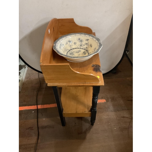 438 - VICT TRAY TOP  PINE WASH STAND WITH DRAWER COMPLETE WITH WASH BOWL