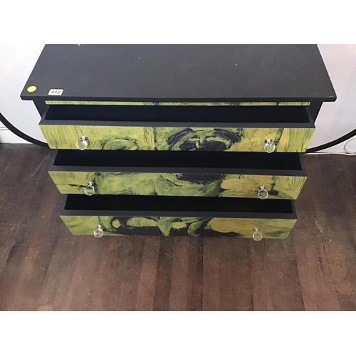 412 - 3 DRAWER BEDROOM CHEST PAINTED WITH PUG DOOR FRONTS
L 36