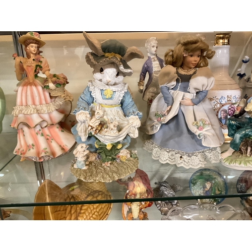 235 - 2 SHELVES OF SUNDRY FIGURES ETC TO INCLUDE COMMERATIVE STAMP PAPERWEIGHT, ASSORTED DRAGONS, ETC