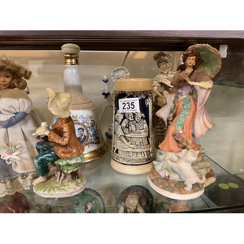 235 - 2 SHELVES OF SUNDRY FIGURES ETC TO INCLUDE COMMERATIVE STAMP PAPERWEIGHT, ASSORTED DRAGONS, ETC