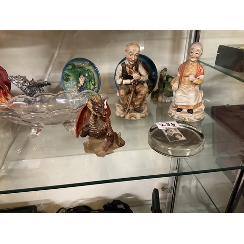 235 - 2 SHELVES OF SUNDRY FIGURES ETC TO INCLUDE COMMERATIVE STAMP PAPERWEIGHT, ASSORTED DRAGONS, ETC