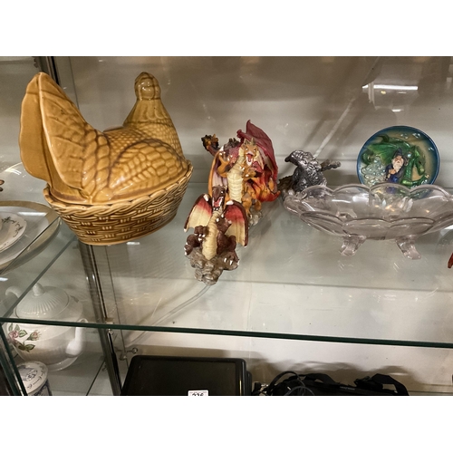 235 - 2 SHELVES OF SUNDRY FIGURES ETC TO INCLUDE COMMERATIVE STAMP PAPERWEIGHT, ASSORTED DRAGONS, ETC