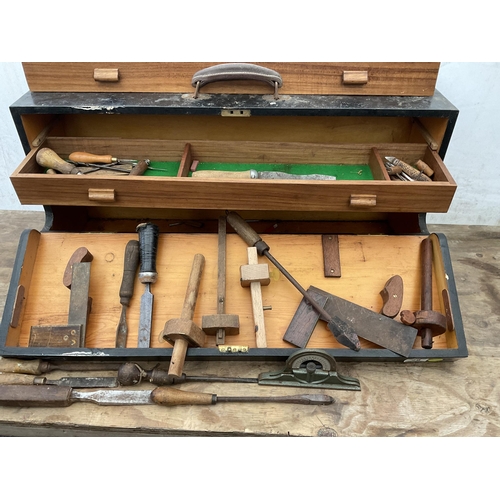 67 - WOODEN TOOL BOX AND CONTENTS