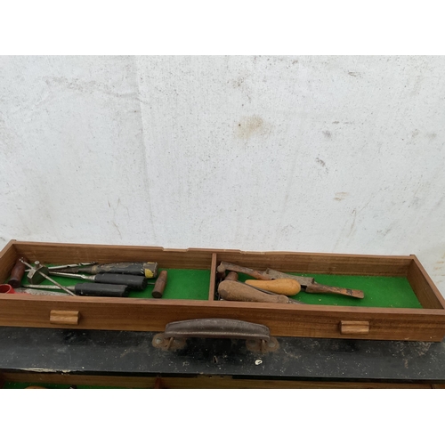 67 - WOODEN TOOL BOX AND CONTENTS