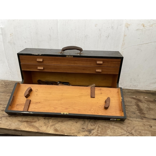 67 - WOODEN TOOL BOX AND CONTENTS