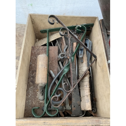 81 - QTY OF TOOLS, HARDWARE, METAL DEED BOX WITH KEY ETC