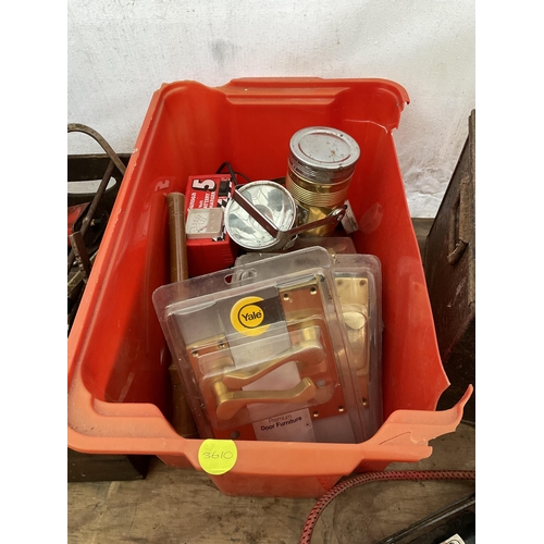 81 - QTY OF TOOLS, HARDWARE, METAL DEED BOX WITH KEY ETC