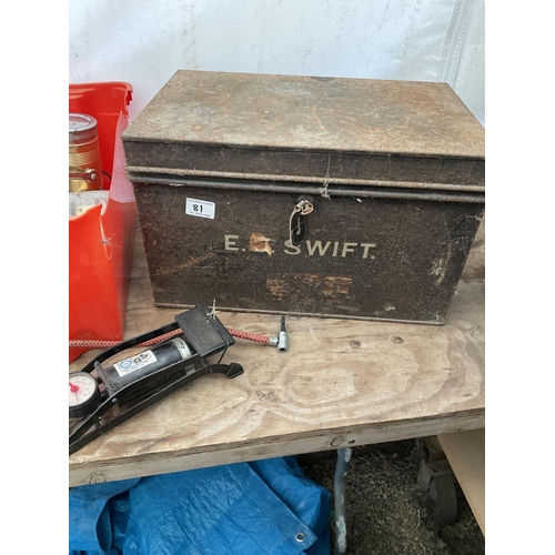 81 - QTY OF TOOLS, HARDWARE, METAL DEED BOX WITH KEY ETC