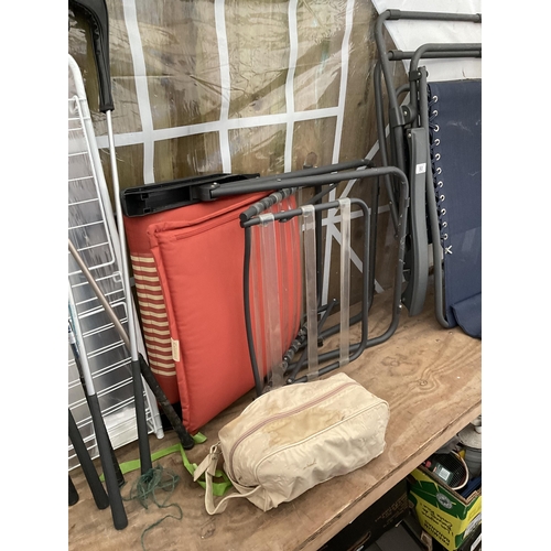 90 - 2 FOLDING CHAIRS, IRONING BOARD,CHILDS GOLF BAG AND CLUBS ETC