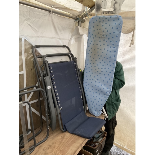 90 - 2 FOLDING CHAIRS, IRONING BOARD,CHILDS GOLF BAG AND CLUBS ETC