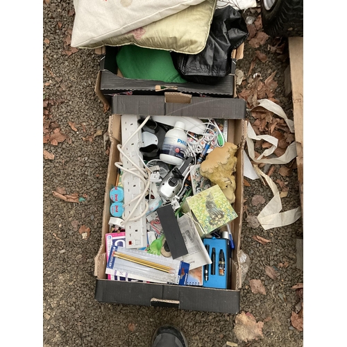 104 - 6 BOXES OF ODDS TO INC CUSHIONS, CAST IRON COOKING PANS ETC