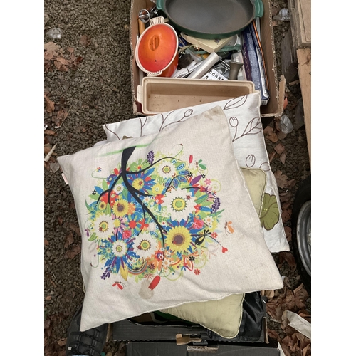 104 - 6 BOXES OF ODDS TO INC CUSHIONS, CAST IRON COOKING PANS ETC